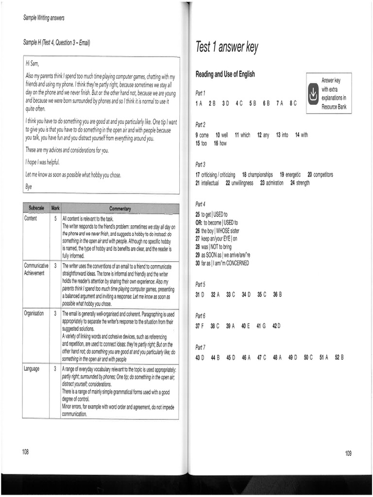 Answers and Audio Script Tests 1 and 2 Book 5 First for Schools | PDF