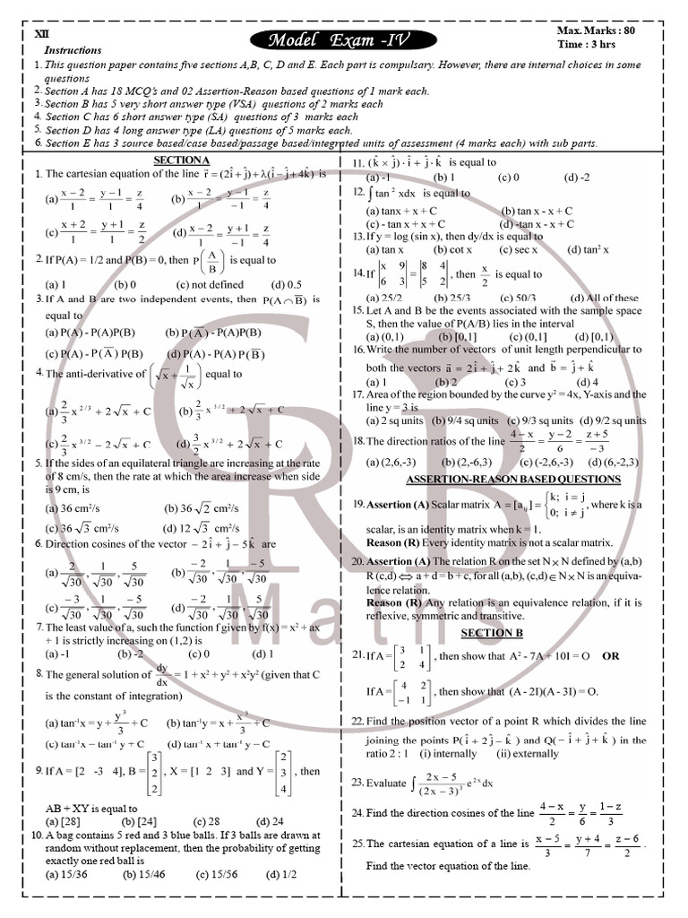 Model Exam IV +2 cbse | PDF | Area | Mathematics