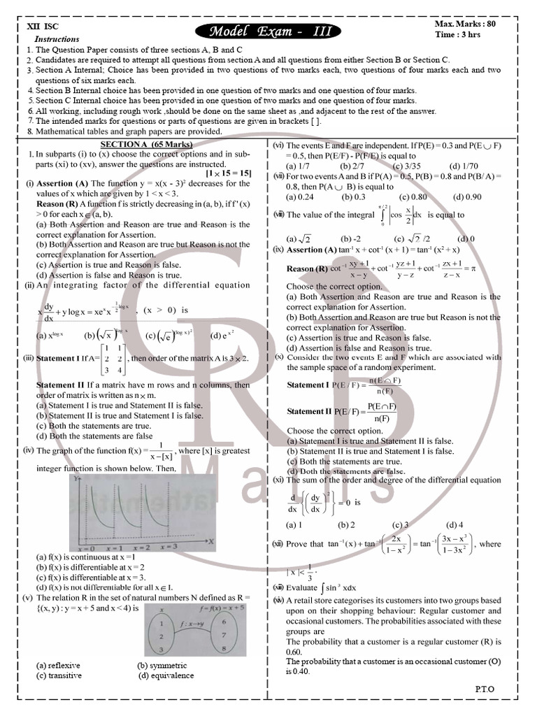 Model Exam III +2 ISC | PDF | Function (Mathematics) | Matrix (Mathematics)