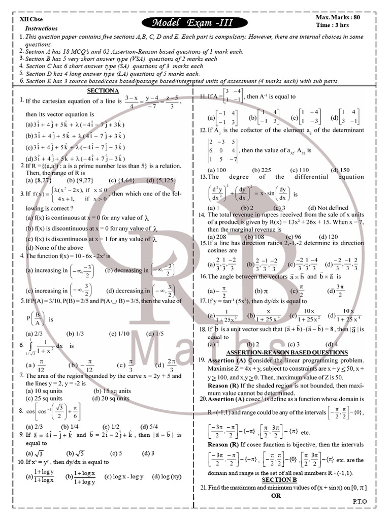 Model Exam III +2 Cbse | PDF | Function (Mathematics) | Mathematics