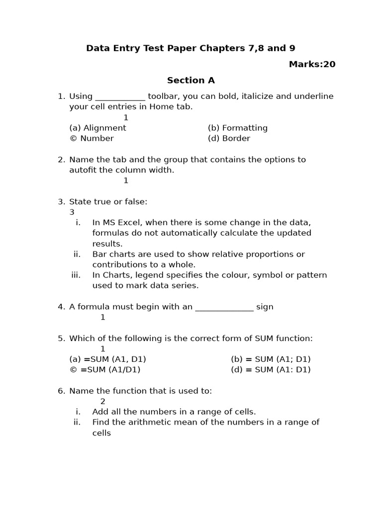 Data Entry Test Paper Chapters 7,8 and 9 | PDF