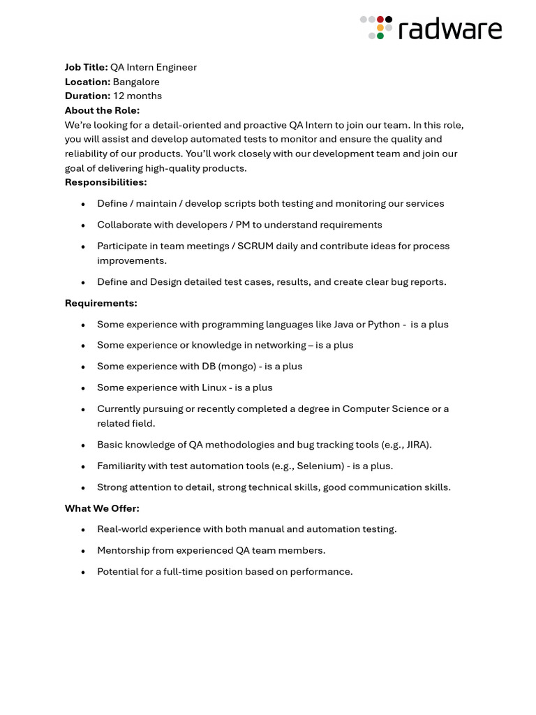 QA Intern Engineer 2026 | PDF
