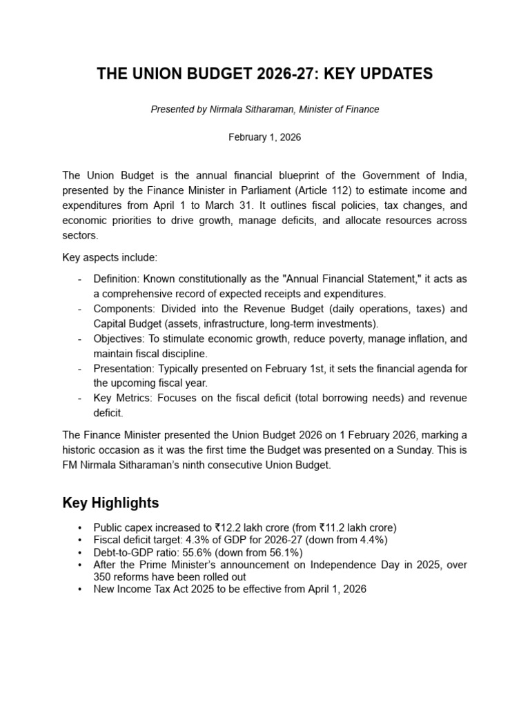 Union Budget 2026 Summary Final | PDF | Government Budget Balance | Taxes