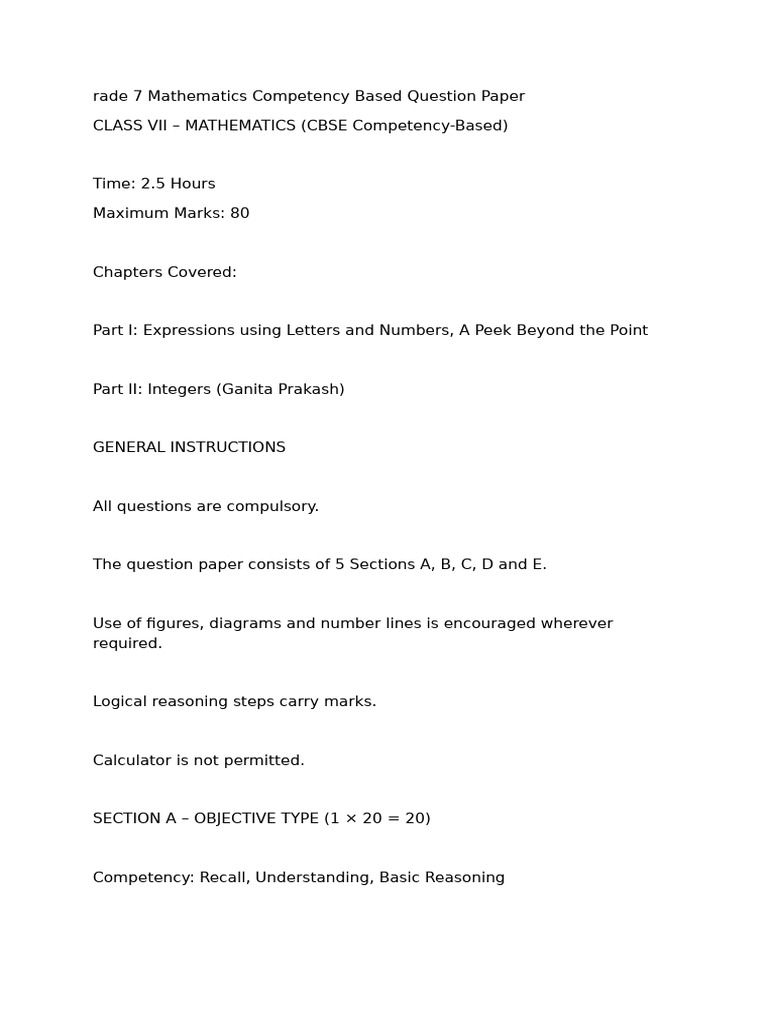 Grade 7 Mathematics Competency Based Question Paper | PDF | Numbers ...
