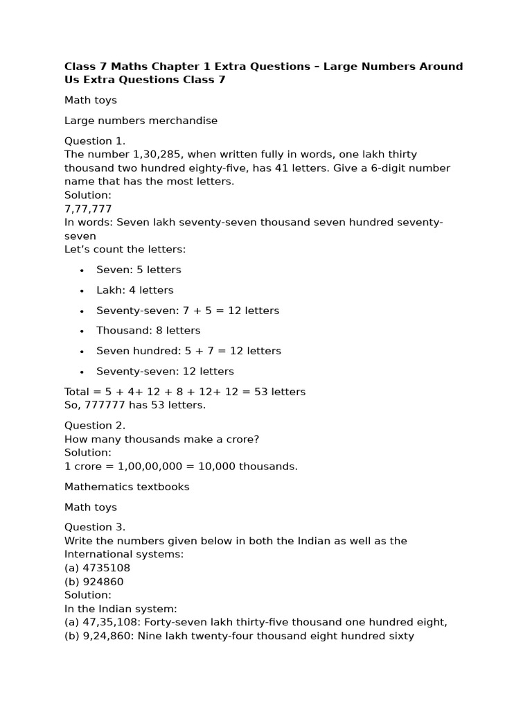 Class 7 Maths Chapter 1 Extra Questions | PDF | Numbers | Mathematics