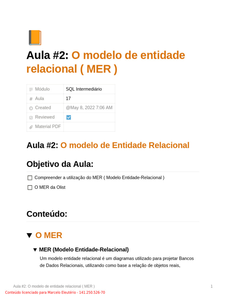 Aula 2 O Modelo de Entidade Relacional MER | PDF