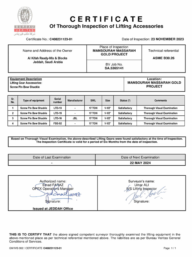 BV Inspection Certificate For Bow Shackles | PDF