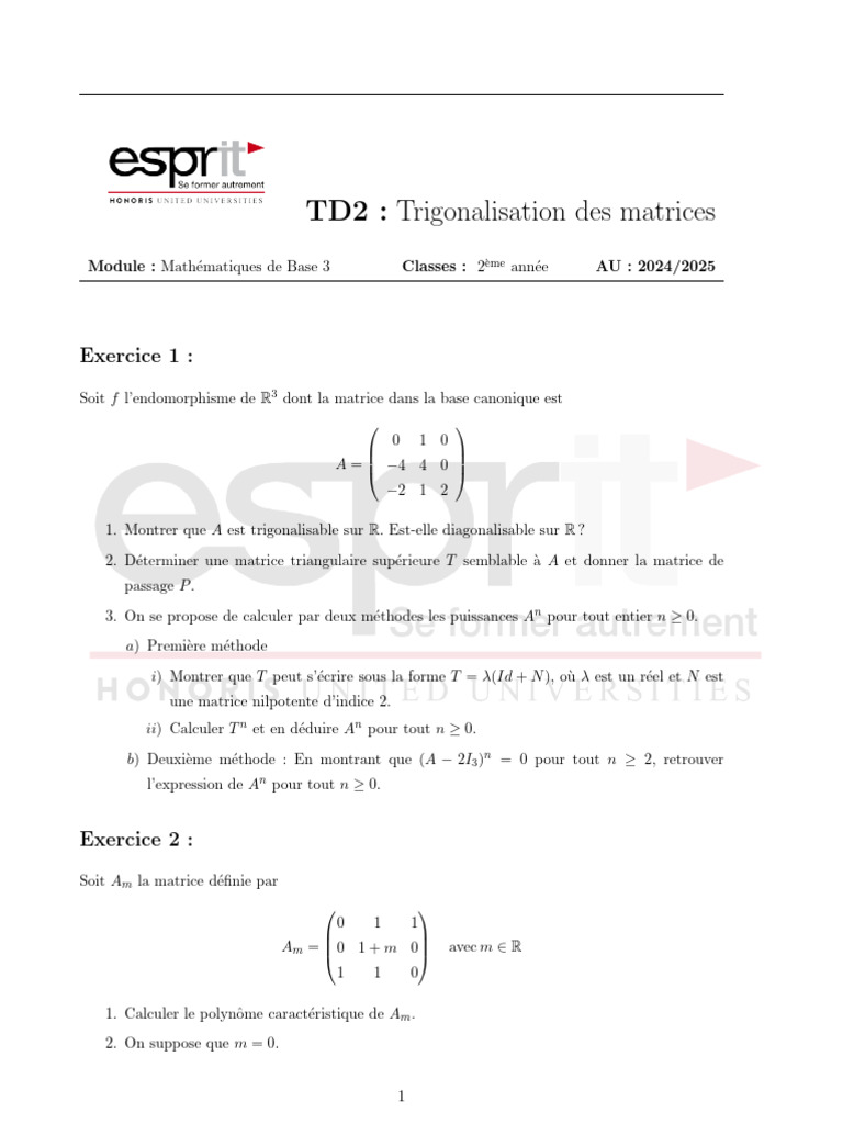 TD 2 Trigonalisation | PDF | Matrice (Mathématiques) | Fonctionnalités ...