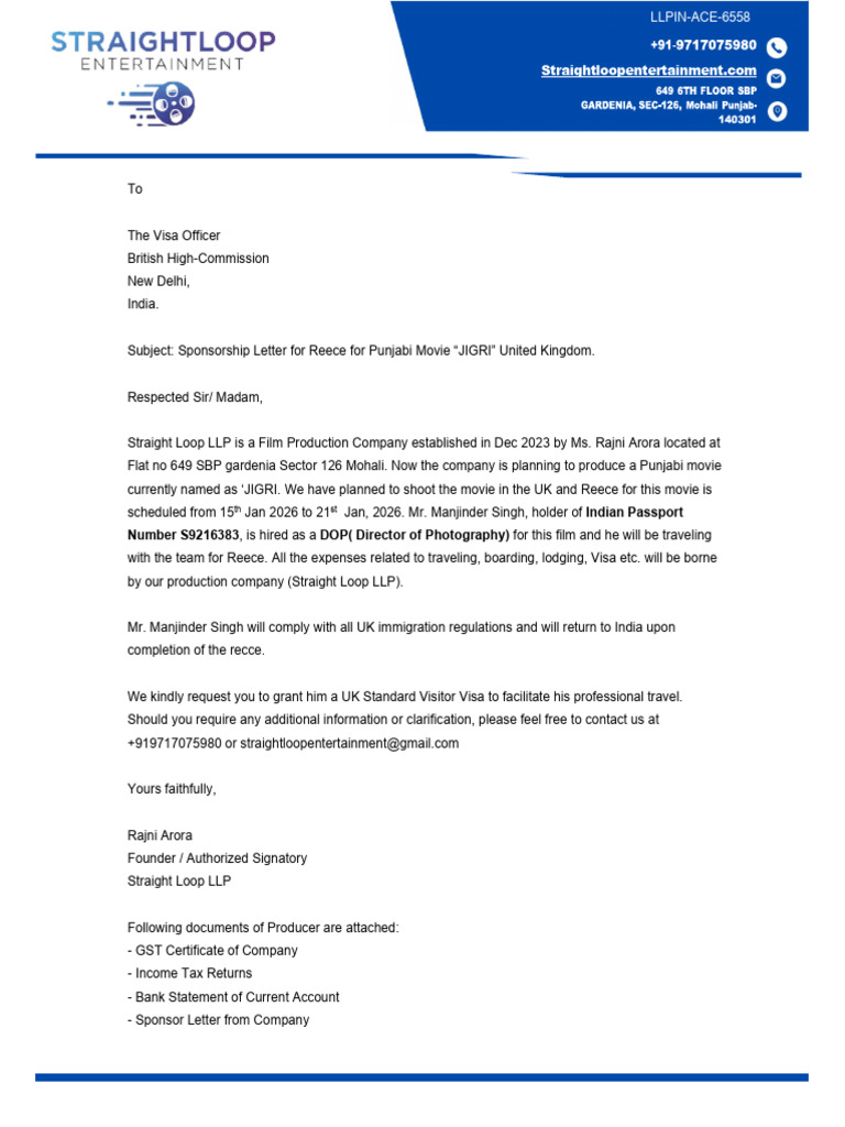Mnjinder Sponsor Letter | PDF