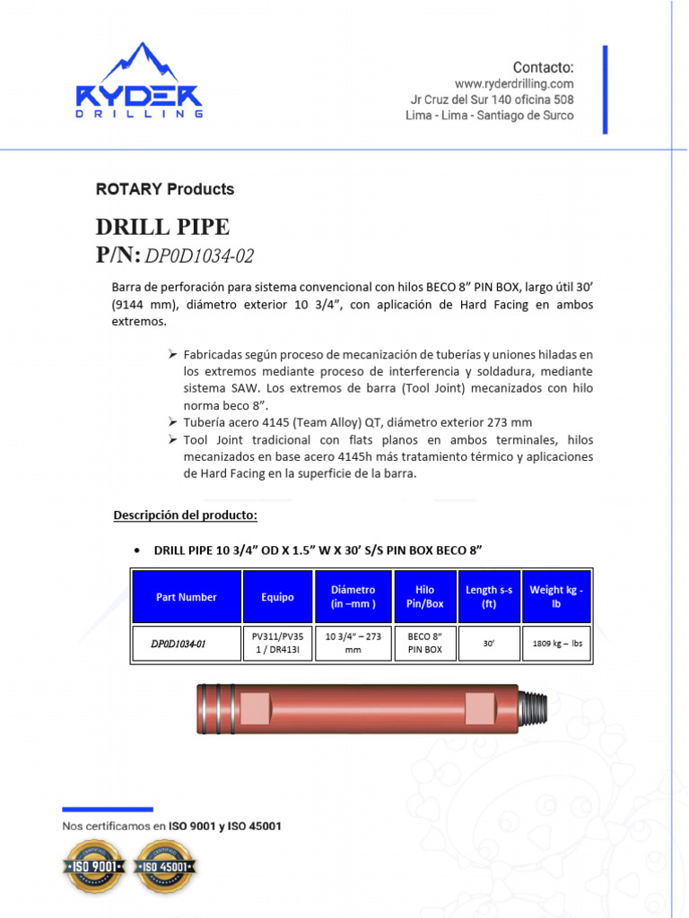 Drill Pipe Od273 Mm 30 Pies Pin Box 8 Beco Dr413i | PDF