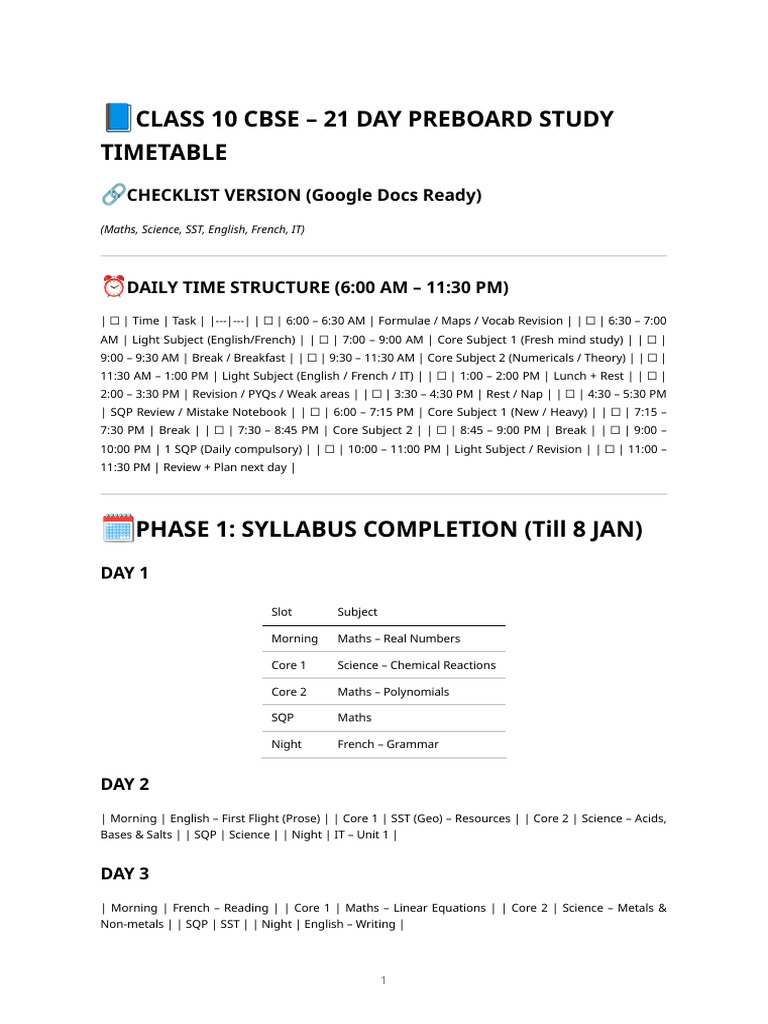 Class 10 Cbse - 21 Day Preboard Study Timetable (Printable) | PDF ...