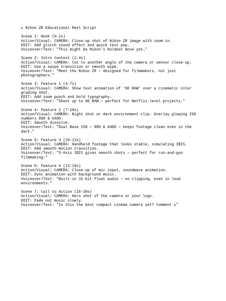 Nikon ZR Reel Script | PDF
