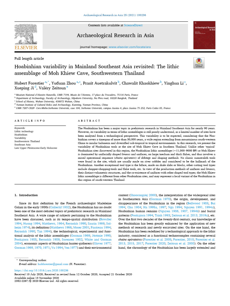 Hoabinhian Variability in Mainland Southeast Asia Revisited The Lithic ...