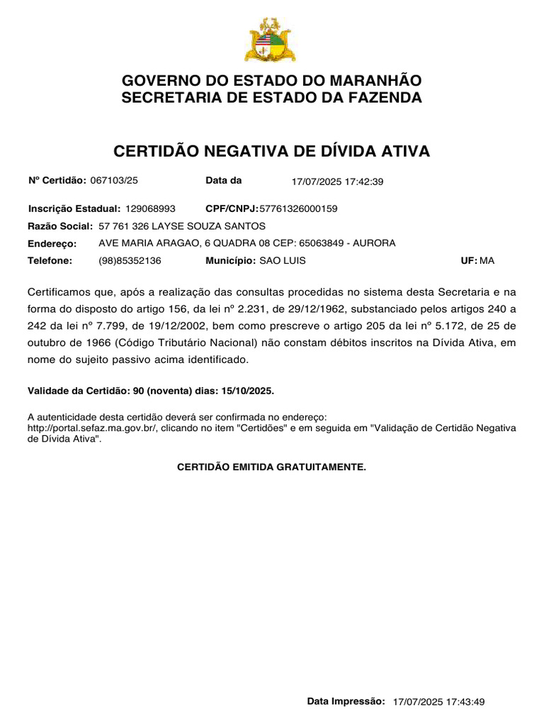 Certidão Layse | PDF