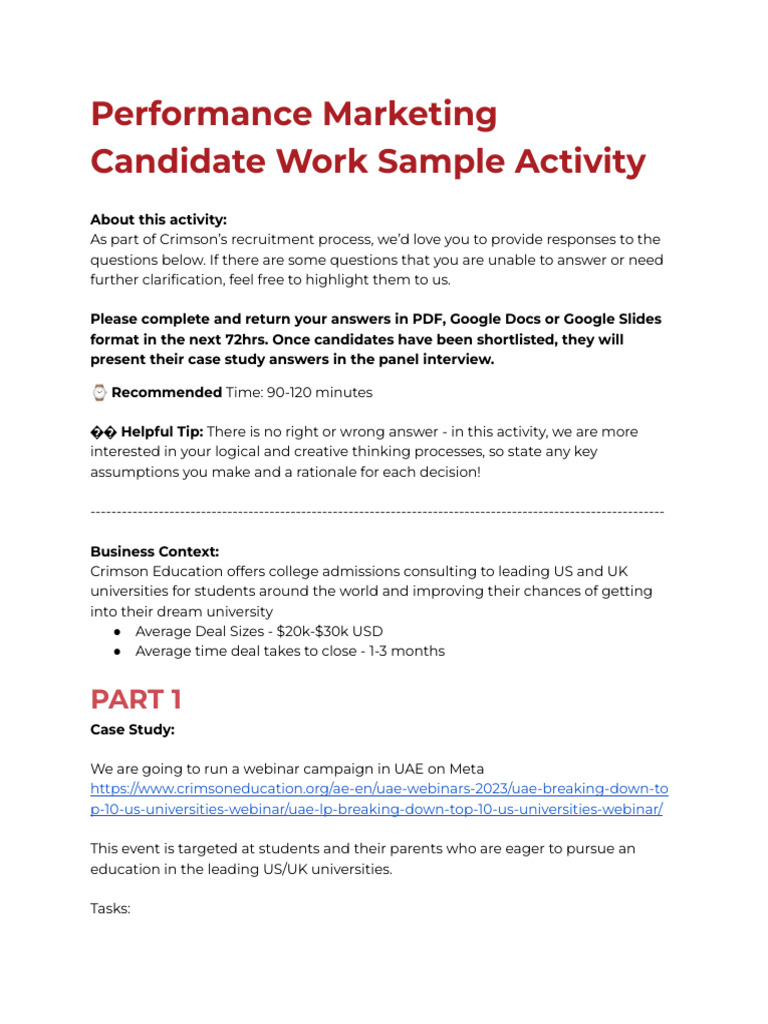 Perfomance Marketer Work Sample Activity Crimson Education 2 (2) | PDF ...