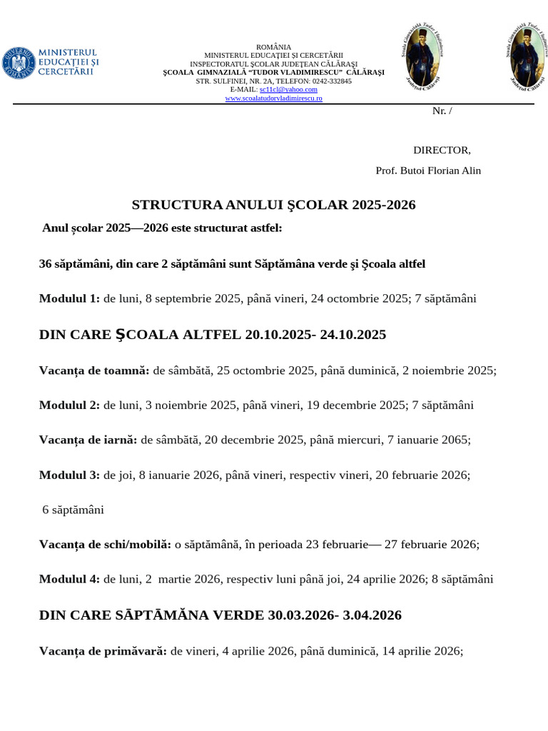 Structura An Scolar 20252026 Word | PDF