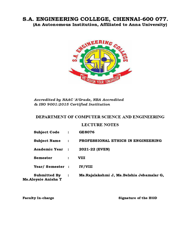 GE6075 Professional Ethics in Engineering Notes - Docx - Compressed ...