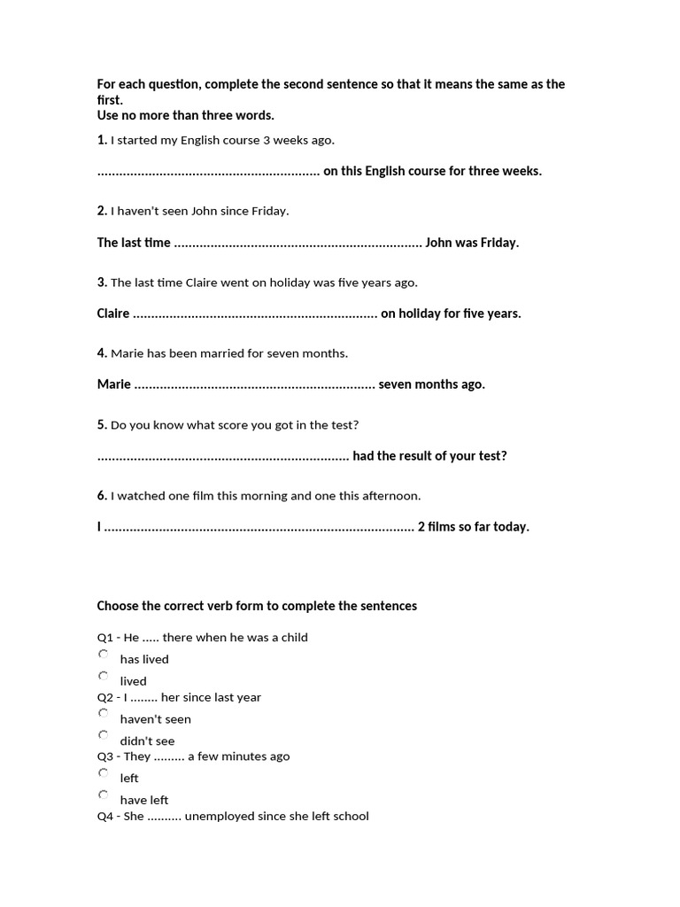 Exam Past Simple and Present Perfect | PDF | Chess Theory