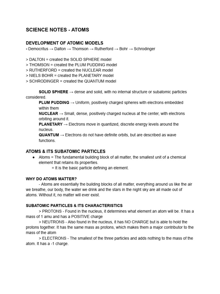 Science Notes Atoms | PDF