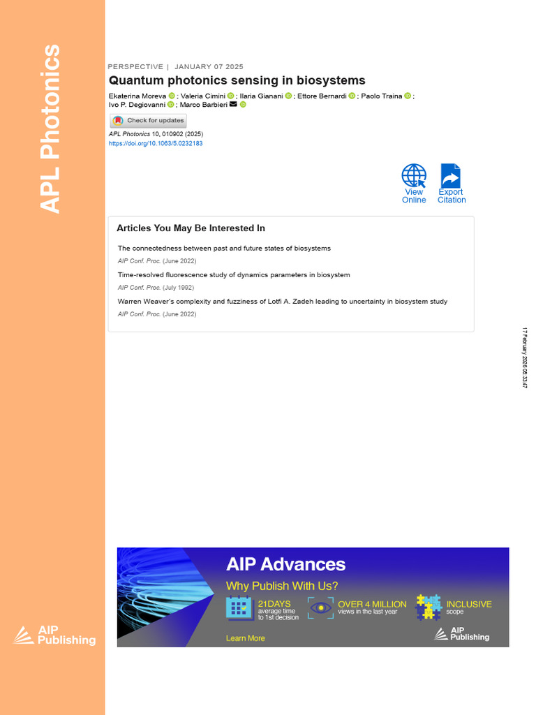 Quantum Photonics Sensing in Biosystems | PDF | Interferometry | Photon