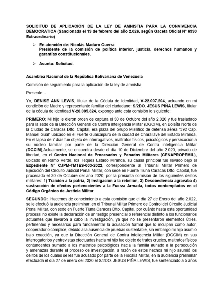 Solicitud de Aplicación de La Ley de Amnistia Para La Convivencia ...