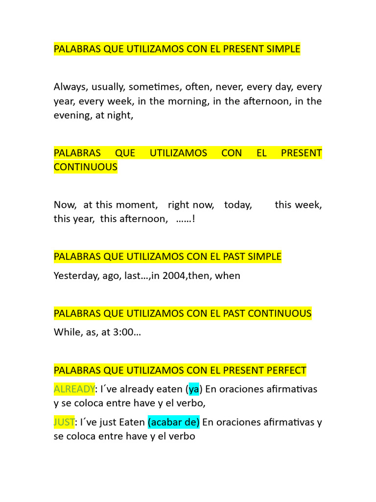Palabras Que Utilizamos Con Los Tiempos Verbales | PDF