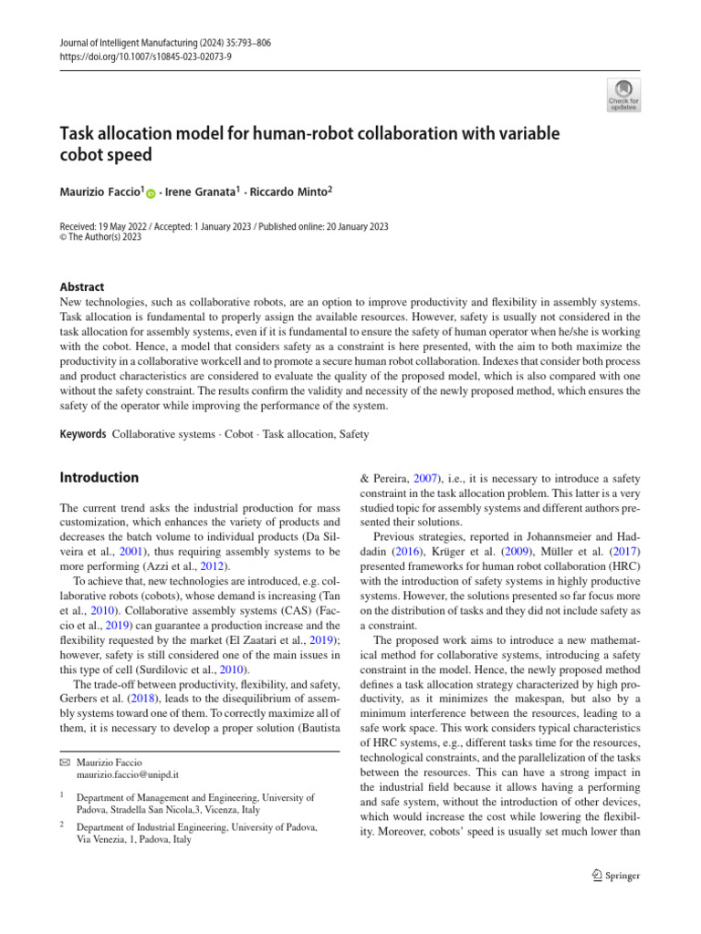 Task Allocation Model for Human-robot Collaboration With Variable | PDF