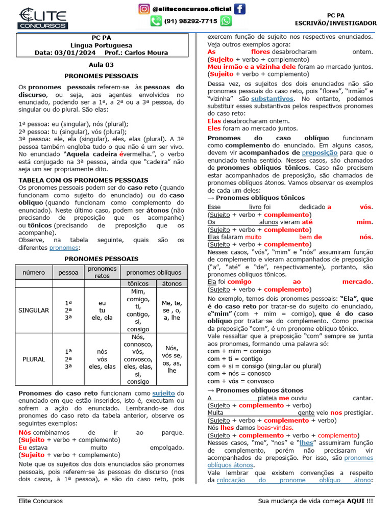 Aula03 Lngua Portuguesa Pronome Pessoal PCPA Noite T05!03!01 2023 | PDF ...