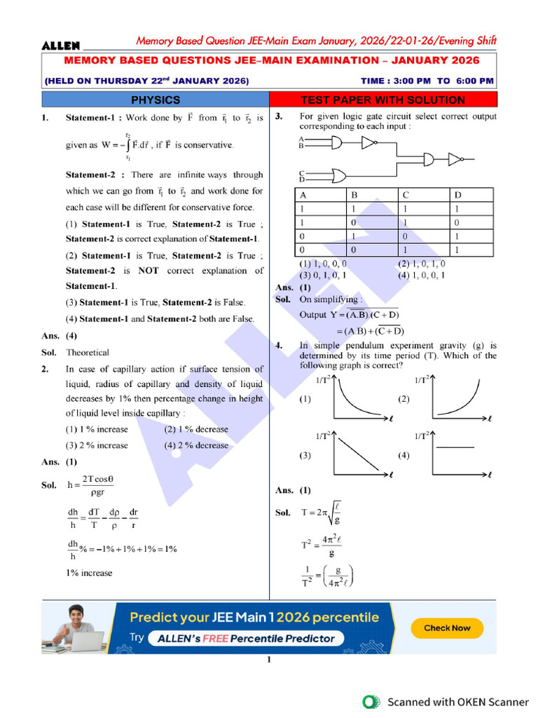 Jee Mains Paper 2026 Shift 2 (22 Jan) | PDF