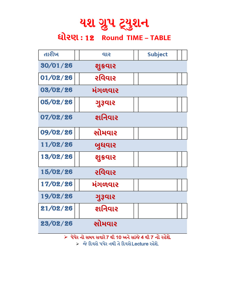 12 Comm.test Time Table Round | PDF