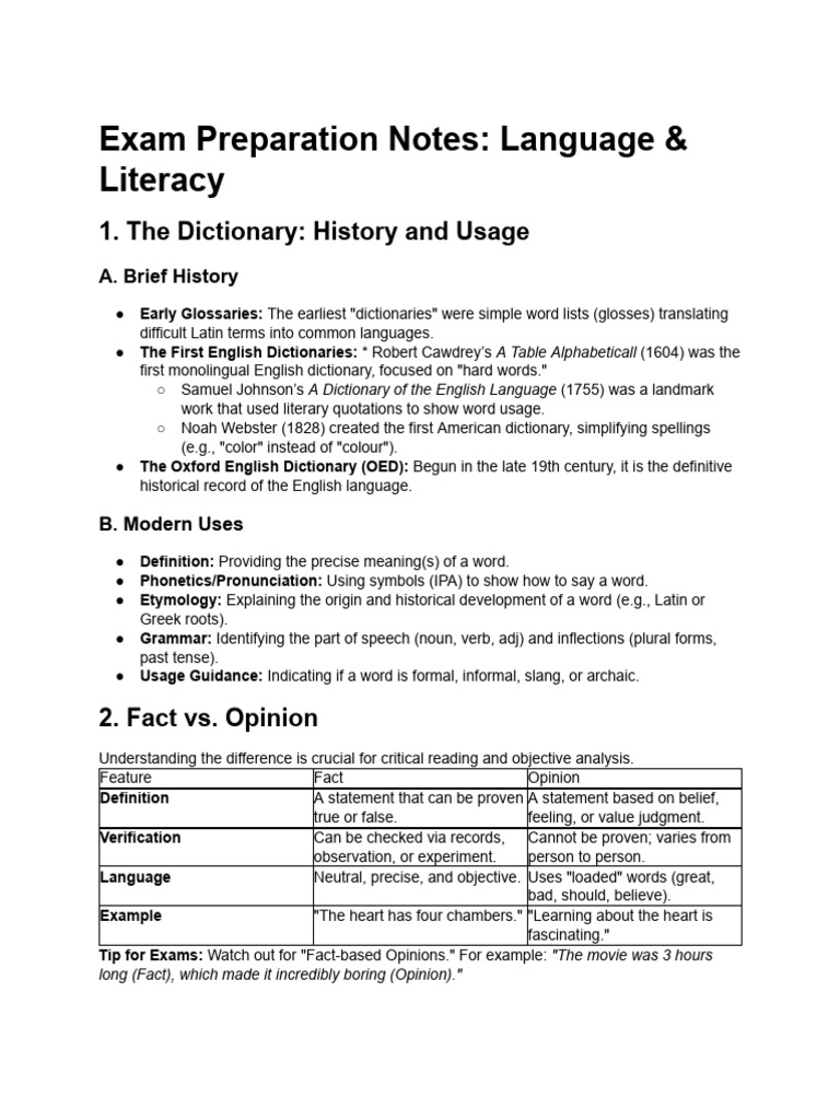 Exam Prep Notes_ English & Literacy | PDF | Dictionary | English Language