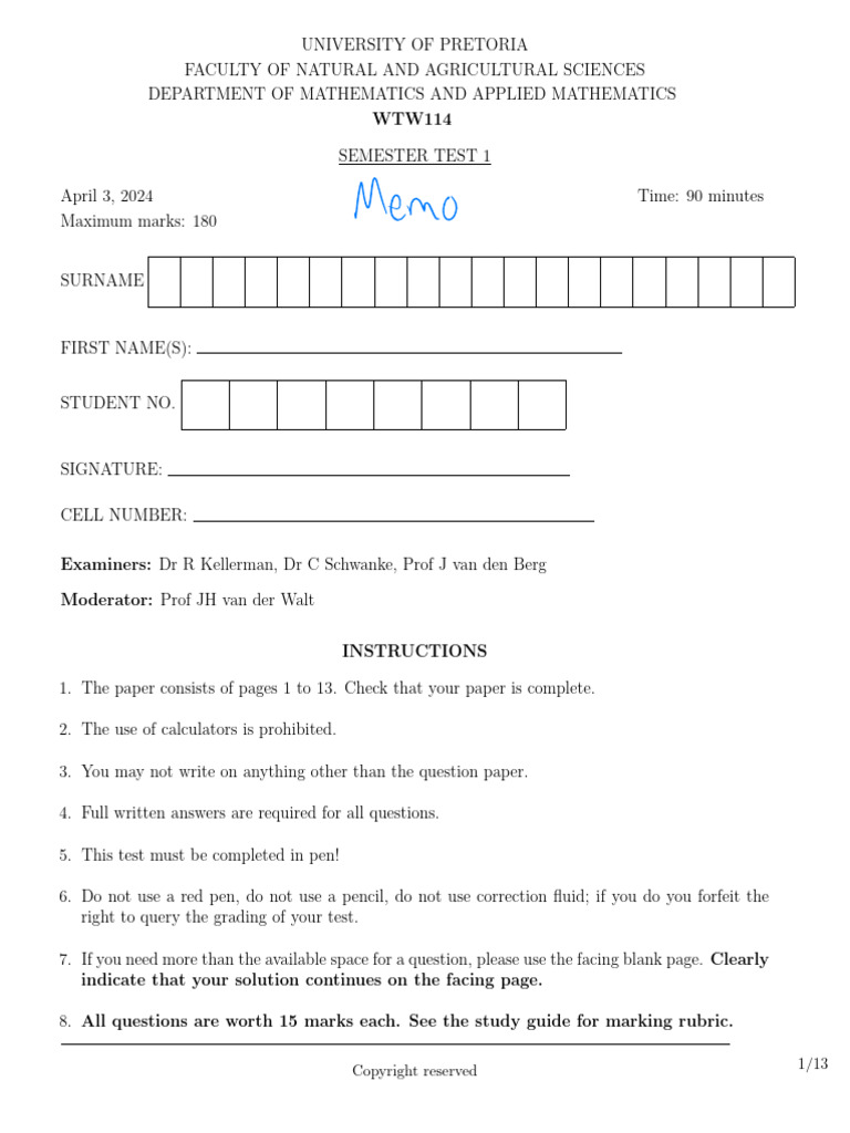 WTW 114 Semester Test 1 2024 Memo | PDF | Mathematics | Mathematical ...