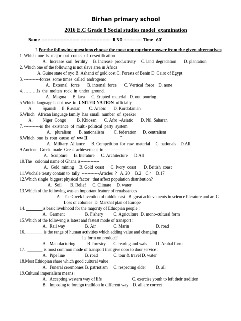 Model Exam 2016 Grade 8 | PDF