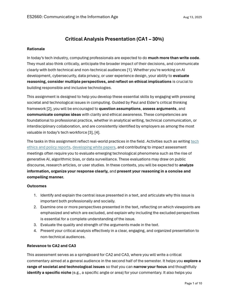 CA 1 Prompt (Critical Analysis Presentation) | PDF | Critical Thinking ...