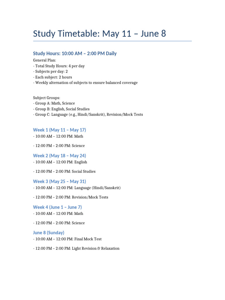 Study Timetable May11 June8 | PDF