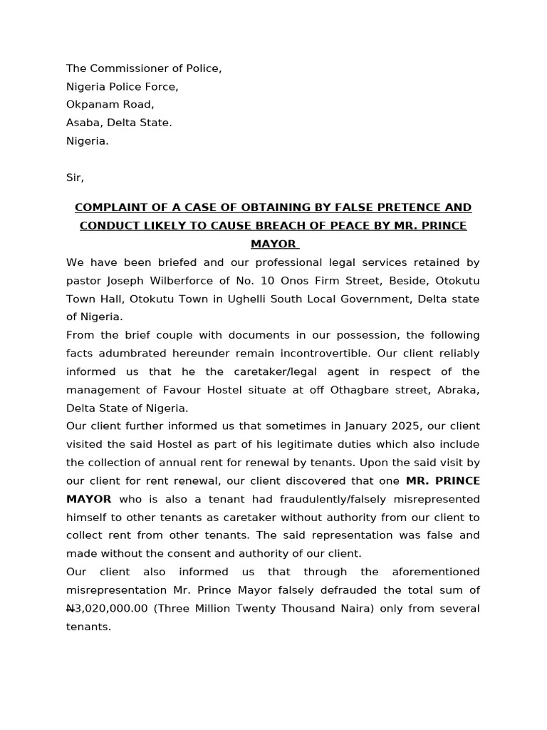 Complaint of a Case of Obtaining by False Pretence | PDF ...