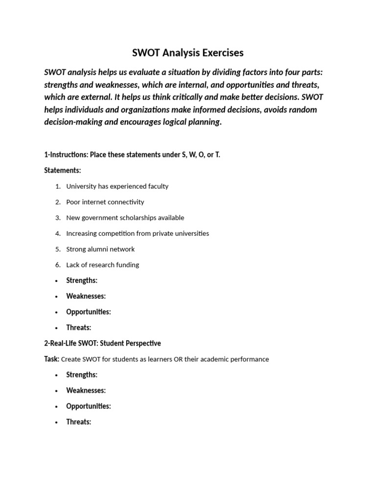 SWOT Analysis Exercises | PDF