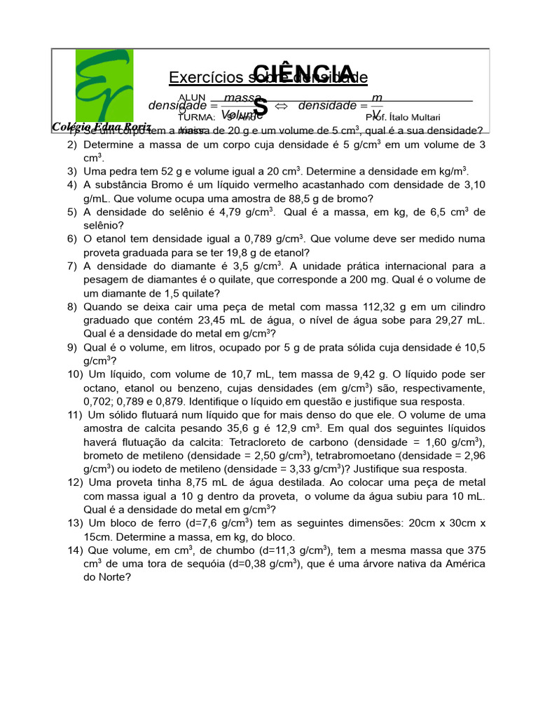 Lista de Exerc-Cios Sobre Densidade para 9 Ano | PDF