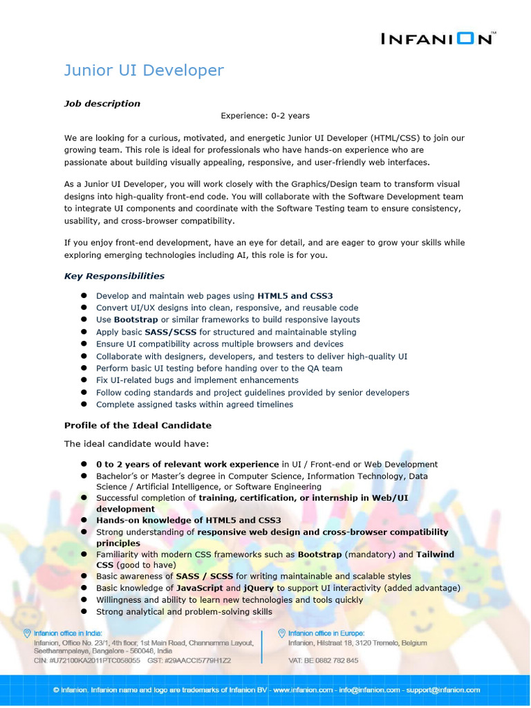 Infanion Job Description Junior UI Developer | PDF | User Interface ...