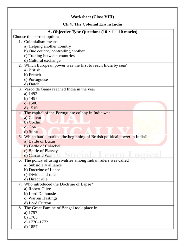 Class 8 Worksheet Ch. 4 the Colonial Era in India | PDF