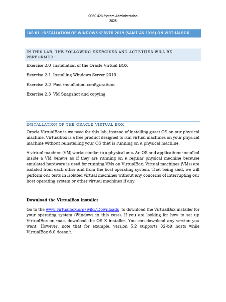 Lab01 Installation of WIN 2019 Server and Clone | PDF | Virtual Machine ...