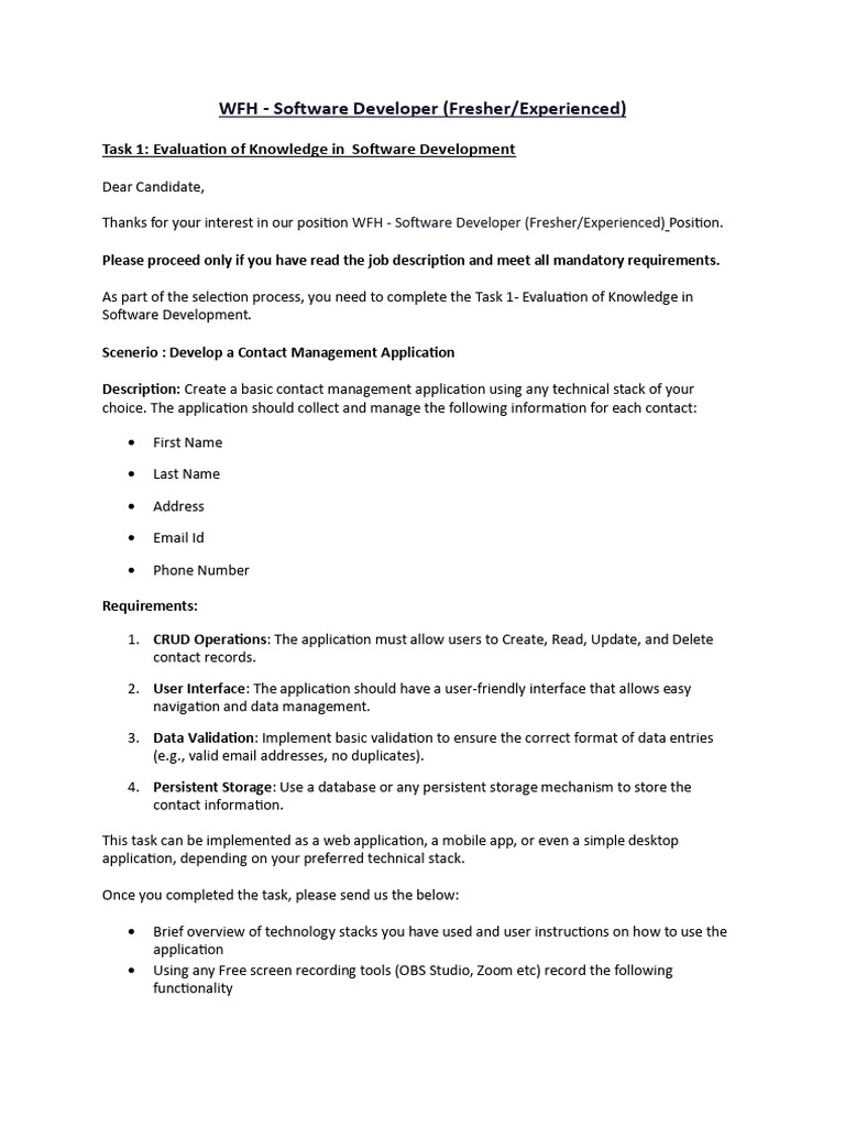 Task 1 - WFH - Software Developer | PDF