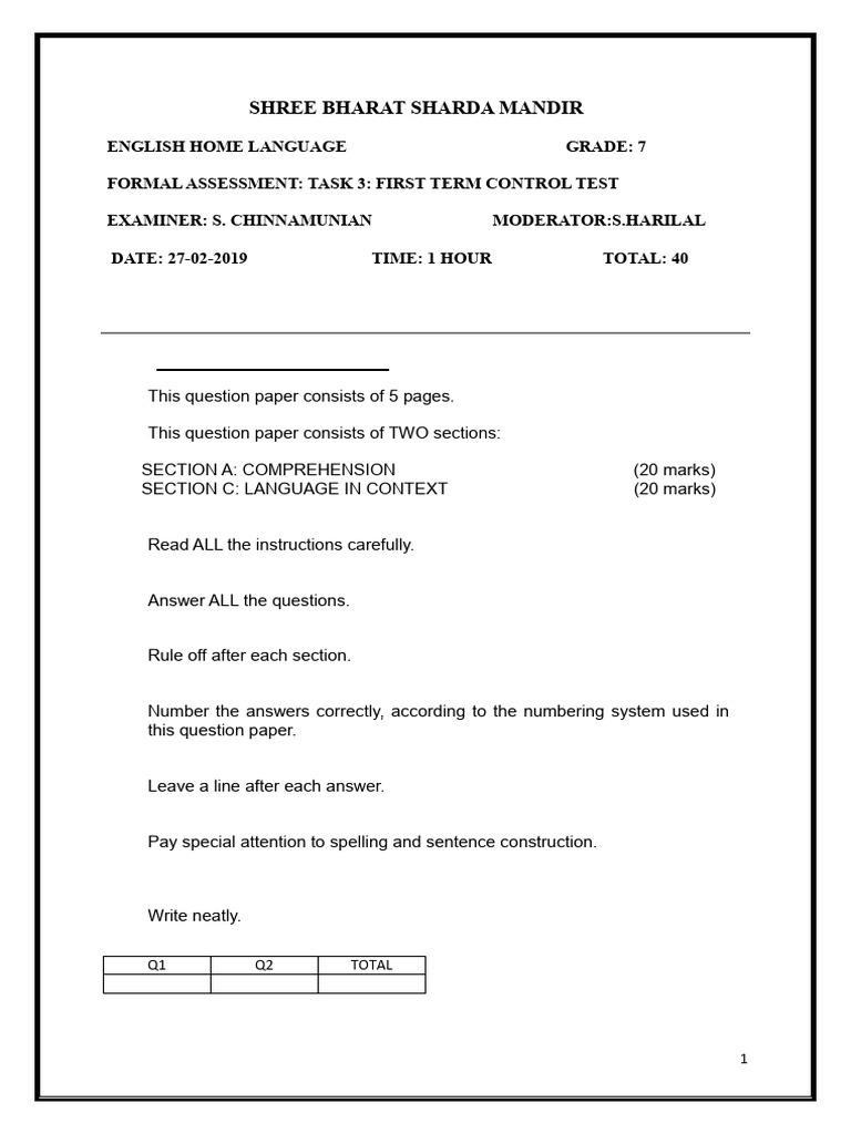 Grade 7 English Term 1 Exam 2019 | PDF | Major Depressive Disorder | Verb