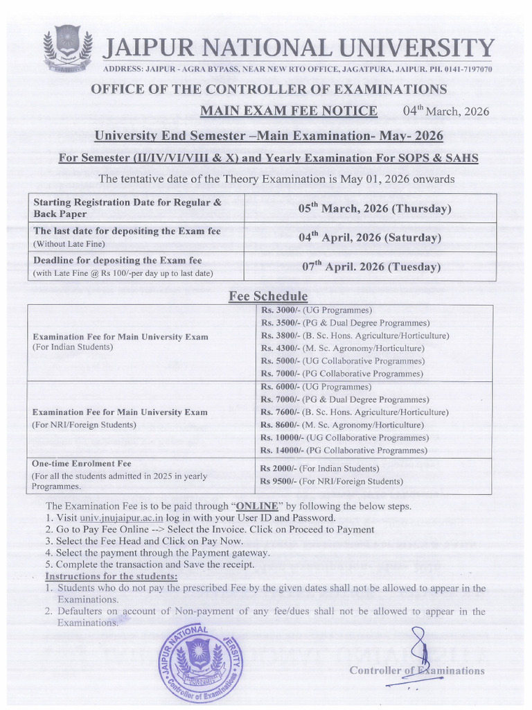 Main Exam Fee Notice May-2026 | PDF