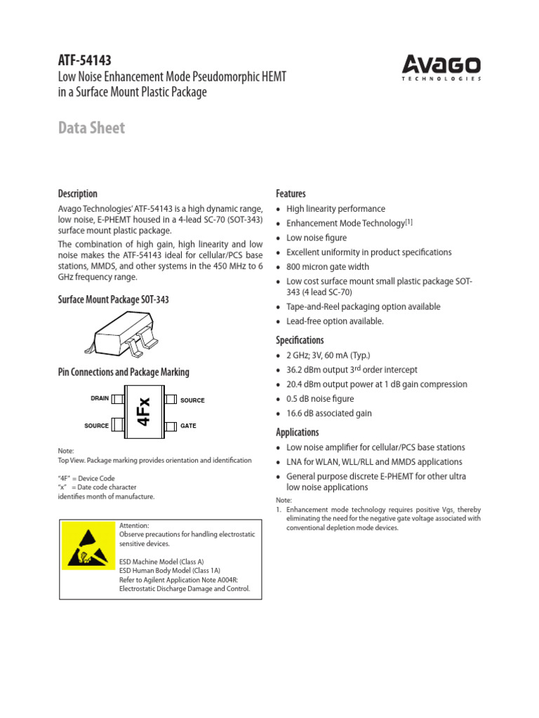 Atf 54143 | PDF | Decibel | Field Effect Transistor
