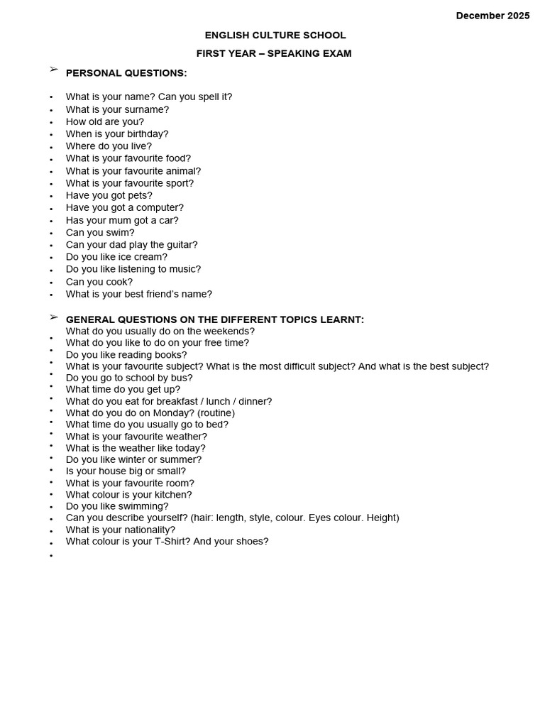 Speaking Final Exam - 1st Year | PDF