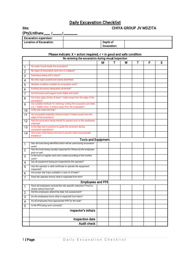 003 Excavation Daily Checklist | PDF | Personal Protective Equipment ...