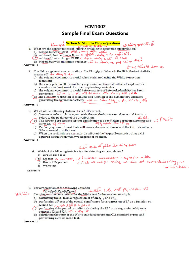 ECM1002 - Sample Final Exam Questions | PDF | Errors And Residuals ...