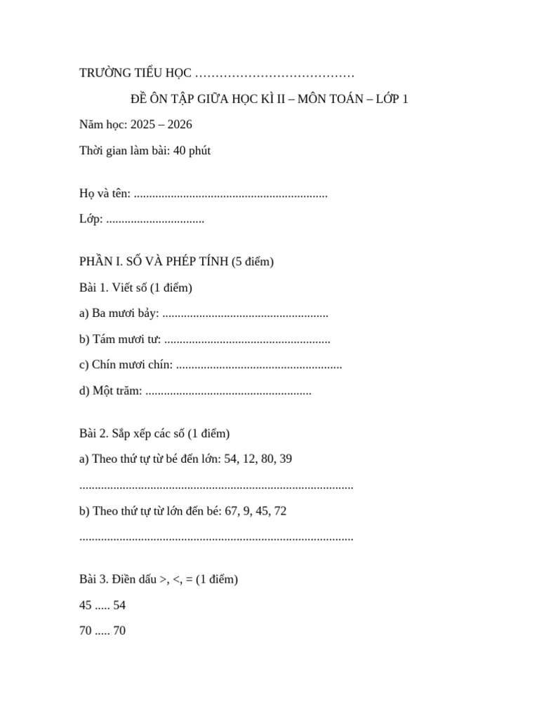 De on Tap Toan Lop 1 GHKII | PDF