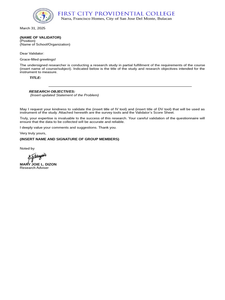 Template of Survey Questionnaire Validation Letter | PDF | Data